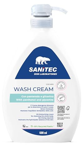 Sanitec WASH CREAM, Crema Detergente per il Corpo, con Pantenolo e Glicerina, Senza Risciacquo, Ideale per tutti i tipi di pelle e Dermatologicamente Testato, 600 ml
