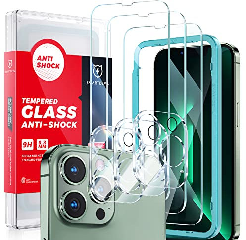 SMARTDEVIL Full Coverage Screen Protector for iPhone 13 Pro Max, 3 Pack Tempered Glass Film and 2 Pack Camera Lens Protectors with a Installation Alignment Aid, Bubble-Free, HD Clear, 6.7-Inch