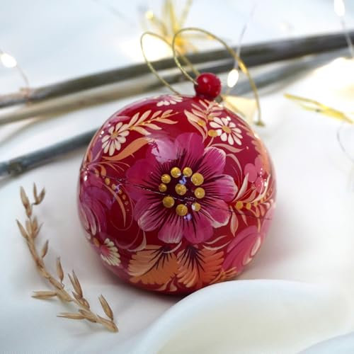 Kleine Christbaumkugel handbemalt aus Holz 7 cm, Macht sich auf wie eine Schatulle mit Blumenmuster Ukrainischer Malerei - Hochwertiger Christbaumschmuck