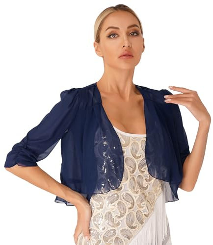 Agoky Cardigan Donna Estivo Corto Coprispalle Bolero Elegante Cerimonia Maniche a 3/4 Leggera Giacca Corta Matrimonio Nuziale Spolverino Bleser Blu Scuro A XXL