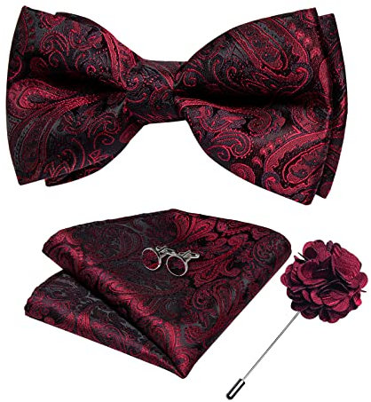 DiBanGu Nœud papillon en soie pour homme avec boutons de manchette carrés de poche, bordeaux, taille unique