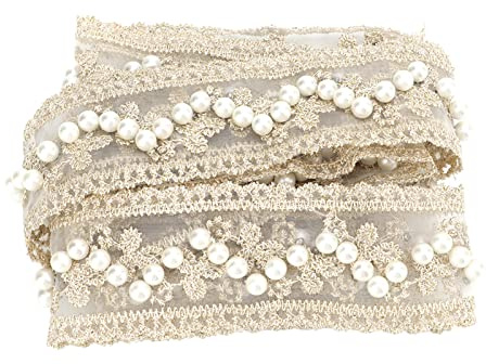 Vintage Spitzenband, 2 Yards Besticktes Spitzenband Perlenband, Perlenband Rolle, für DIY Kleidung, Kleider, Hochzeit Mittelstücke, Brautsträuße, Hochzeit Kränze, Perlen Vorhänge(Beige)