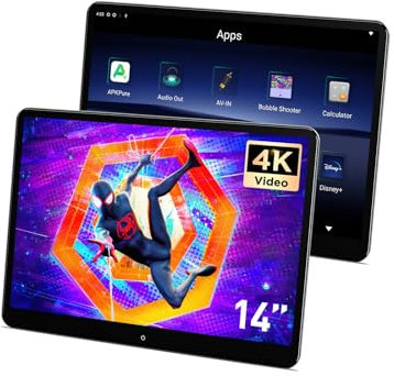 XTRONS 2 PCS 14'' Rotatable Backseat Android Car TV Headrest Monitor Tablet QHD IPS Fully-laminated Screen 4+64 Support Portrait Mode Screen Mirroring and Control HD Input & Output Multi-Colour Light
