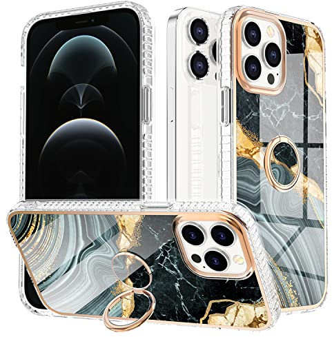 Ring Stand Holder Case Compatible with iPhone 14 PRO MAX Case Marble,iPhoen 14 PRO MAX Case Marble Hard PC Soft TPU Rugged Bumper Hybrid Shockproof Antiscratch Men Women Full Body Protective Case,Grey
