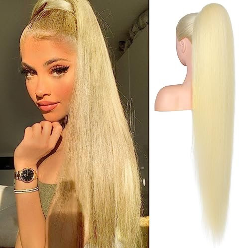 Flufymooz Ponytail Extension Pferdeschwanzverlängerung, 91 cm langer gerader Pferdeschwanz mit Kordelzug, Lockiger Pferdeschwanz Synthetisches Haarteil für Damen(Blond)