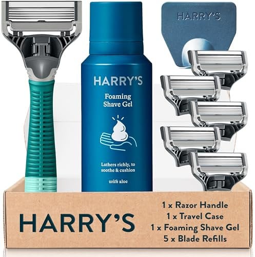 Harry's Razors for Men Herren-Rasierer-Set mit tropischem grünem Griff, 5 Ersatzklingen, Reiseetui für Klingen, Rasiergel 60 ml