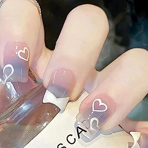 Ceboic 24Pcs French Tip False Nails, Square Medium Length Press on Nails, Glossy Acrylic Fake Nails, Pink Blue Gradient Stick on Nail with Triangle Heart Designs for Women and Girls Art Manicure