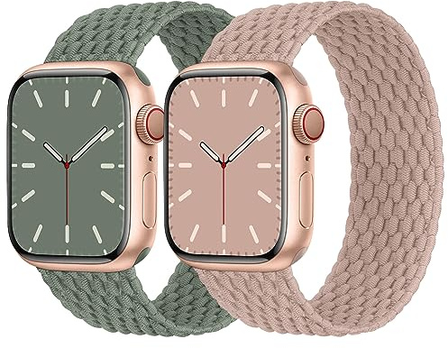 Solo Loop Geflochtenes Armband Kompatibel mit Apple Watch 38mm 40mm 41mm 42mm, Nylon Elastisches Band für Apple Watch 11 10 9 8 7 6 5 4 3 2 1 SE 3/2/ 1, Sand Rosa/Altgrün M