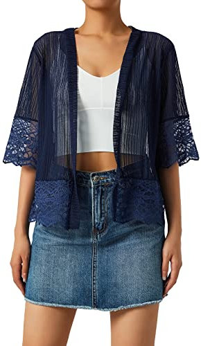 Edhomenn Women Sheer Shrug Cardigan Short Sleeve Solid Color Lace Patchwork Lightweight Knit Shrugs Ladies Bolero Cardigans (Dark Blue, XL)