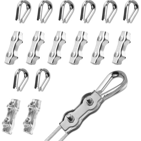 PuretéavHom 16 Pièces M4 Serre Cable Acier Inox Set avec 8 Pièces Pinces Duplex Clips & 8 Pièces Cosses de Câble Métallique pour Fixation Corde a Linge Filin Tondeuse Cable Acier 4mm
