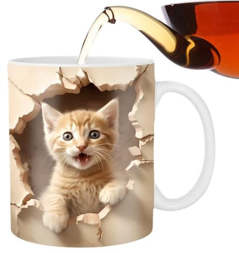 Povanjer Tasses À Café pour Chat,Tasse À Thé en Céramique pour Chat Effet -Tasse De Voyage Chat Mignon Accessoire De Bureau Drôle Et Créatif pour Eau Chaude Eau Froide Café Lait