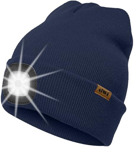 ATNKE LED Beleuchtete Mütze mit Licht,Wiederaufladbare USB 4 LED Beleuchtete Laufmütze Extrem Heller Lampe Winter Warme Stricken Mütze Technik Geschenke für Herren und Damen/Light Navy Blue