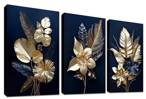 3 Panels 3D Marineblaue Goldblumen Mit Rahmen Leinwand Bilder Monstera Kokosnuss Blätter Bild auf Leinwand Malerei Poster Wandbilder Wohnzimmer Schlafzimmer Badezimmer Wanddeko 120x60cm (16x24x3pcs)