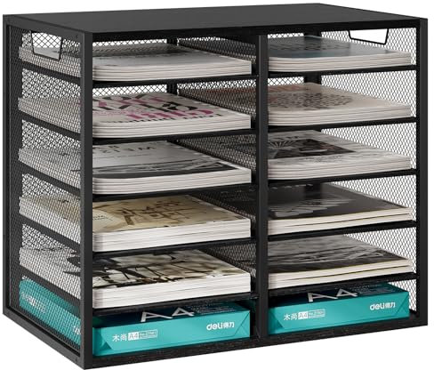 EasyPAG Desktop 6 Tier 12 Compartments Filing Tray Metal Wood Desk Tidy Mail Sorter File Holder Magazine Organiser Paper Storage,Black