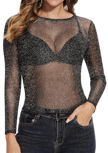 Becellen Haut Transparent Femme, Tulle Moulant à Manches Longues Noir Transparents Top à Paillettes pour Soirée Club