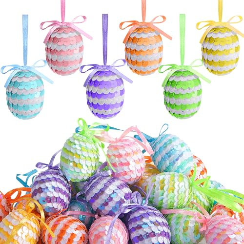 Watayo Ostereier zum Aufhängen, 4,1 cm, gestreift, Ostereier mit Schleife, Glitzer-Osterdekoration, Eier, Baumschmuck für Party, Geburtstag, Haus, Garten, Dekoration, 30 Stück