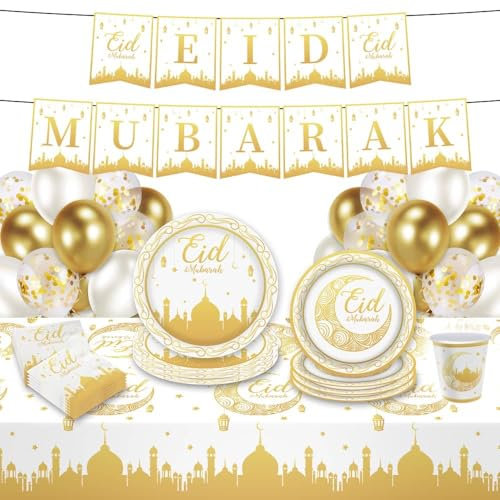 BOX And Tree| Eid Mubarak Vaisselle Jetable Décoration – 52 pieces – 10x Grande Assiette, 10 Moyen Assiette, 10 Serviette,10 Gobelet, 10 Decoration Ballon ,1 Banderole , (Vaisselle)