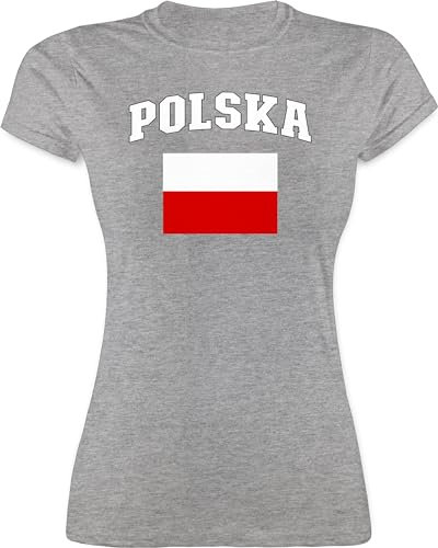 Shirt Damen - Fußball EM WM - Polska Schriftzug mit Flagge | Polen | Poland | Polnisch - L - Grau meliert - polnische Trikot 2024 fußballtrikot Europameisterschaft Tshirt wm-Shirts Fussball