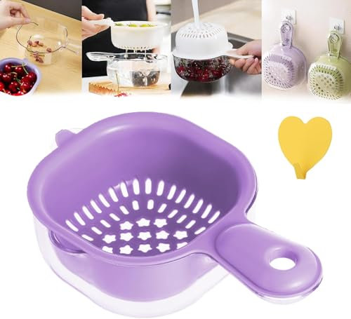 Dual-Layer Draining Basket with Handle, Double Drain Plastic Strainer Fruit Colander Storage Container, 2 in 1 Fruit Vegetable Washing Food Strainers for Mini Berry, Grape (Purple)