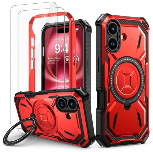 Lanhiem für iPhone 16 Hülle, 360° Ring Ständer, Stoßfest Armor, Rot