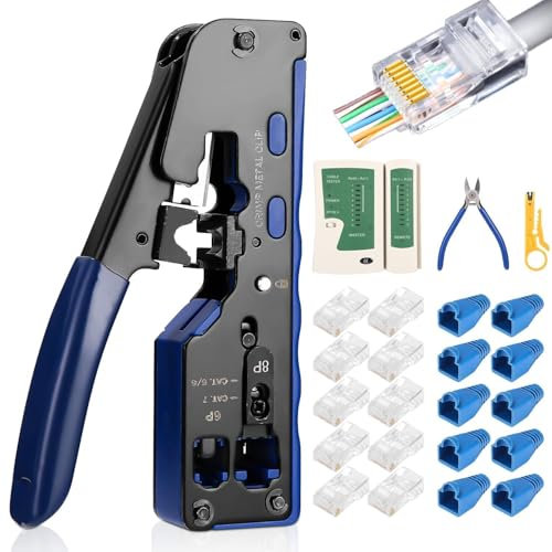 Juego de alicates de engarzado RJ45 Alicates de prensado para alicates de engarzado RJ45 con probador de red, conectores de 50 PCS, pelacables para juego de herramientas de red 8P RJ45 Cat6 Cat5 Cat7