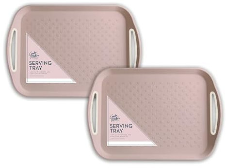 Set of 2 Pink Plastic Anti Slip Serving Tray Rubber Easy Grip Handles Wipe Clean Home Kitchen Dining Tray