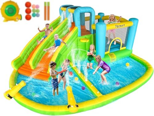 château Gonflable Exterieur Enfant avec souffleur 545 x 365 x 218 cm Aire de Jeux Gonflable Adulte Grand château Gonflable Piscine Meilleur Cadeau de Vacances/d'anniversaire pour Les Enfants Vert