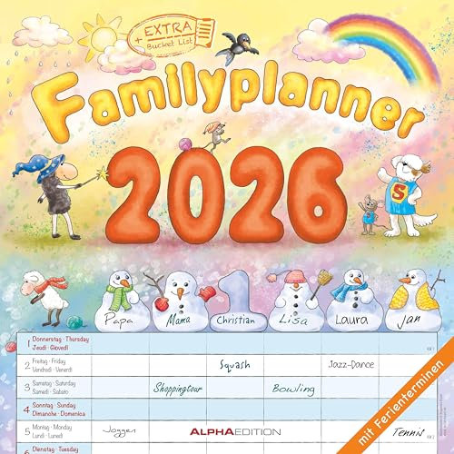 Familienplaner Cartoon 2026 - Broschürenkalender 30x30 cm (30x60 geöffnet) - Kalender mit Platz für Notizen - 6 Spalten - Bildkalender - Wandkalender: by Bayer-Design