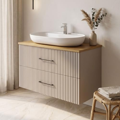 KAREN banyo Konsolenwaschtisch Liana Pastellbraun & Eiche – Waschtisch mit Aufsatzwaschbecken, Riffeloptik, Soft-Close-Unterschrank, eleganter Stil (Liana 80 mit Konsole Eiche)