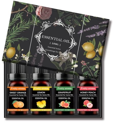 Essential Oils Set, Essential Oils for Diffusers for Home 4×10ml, Aromatherapy Oil Fragrance Oil for Diffuser, Home, Candle, Soap Making, Fragrance Set Includes Orange, Lemon, Grapefruit, Peach