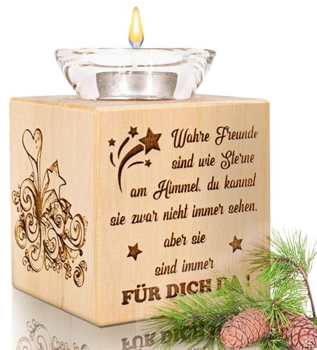 sagl.tirol® Zirbenholz Teelichthalter, Wahre Freunde sind wie Sterne, Freundschaftslicht mit Gravur, handgefertigt, inkl. Glas & Teelicht, Geschenkidee für Freunde, Wahre Freunde...