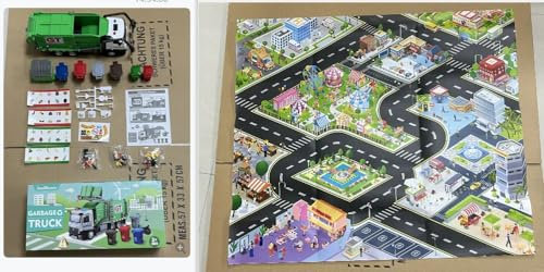 Joellfuner Camion Poubelle Jouet, Gros Camion Enfant avec Lumière et Son, Voiture Friction avec Carte, Plan de Ville et Miniature Poubelle, Educatifs Cadeau pour Garçon Fille de Plus de 3 4 5 Ans