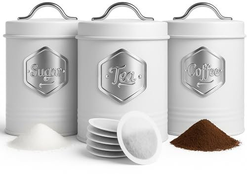 HEFTMAN White Tea Coffee Sugar Canisters - Stylish 3 Piece Canisters Sets for the Kitchen, Sugar Coffee Tea Storage Set with Airtight, Labelled Containers (3 PCS, White/Silver)