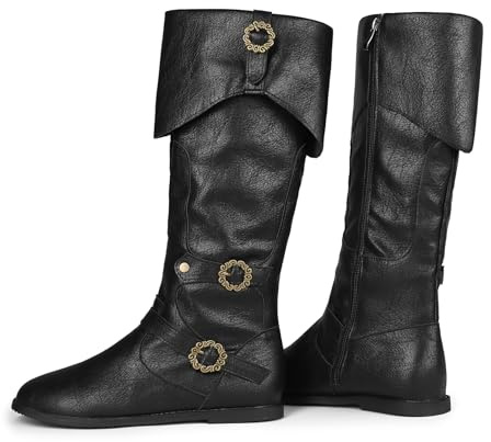 Galindopia Unisex Renaissance Faire Cosplay Scarpe Vintage Stivali Medi Fold Over Medieval Uomo Costume Witch Pirate Viking Tied Scarpe Piatto Victorian Stivali Black Size 40