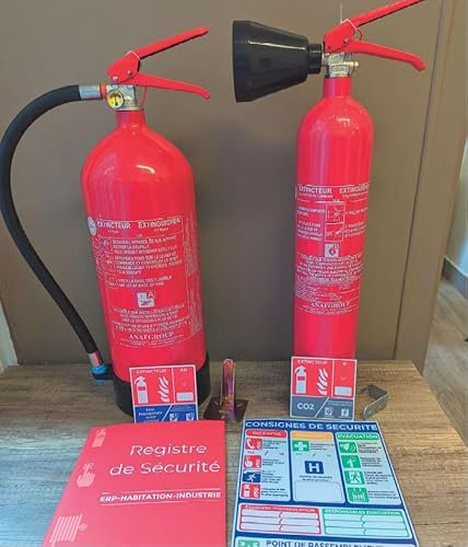 Kit Sécurité Incendie, Extincteur CO2 2kg + Extincteur Eau 6L sans Fluor, Registre et Signalisation, pour Entreprise <200m²