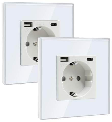 BSEED Enchufe Schuko con USB A y Tpye C 1 Gang 2 Pack, Enchufe de Pared con USB 16A con Placa de Cristal 86 * 86mm, Blanco