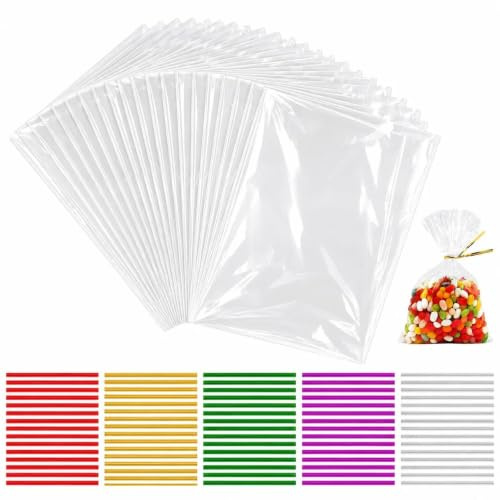 Anstore 200 Stück Durchsichtige Cellophantüten Klarsichttüten Groß 15x20cm | Mit 200 Bunt Metallischen Bindebaender, Ideal für Süßigkeiten, Schokolade, Brot, Hochzeit, Weihnachten, Geburtstagsgeschenke