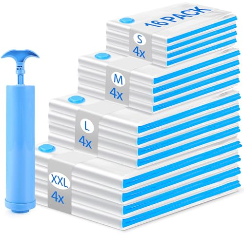 Bolsas Vacío Ropa 16 Piezas (4XXLx100x80cm + 4Lx80x60cm + 4Mx60x40cm+4Sx50x30cm) -Bolsas al Vacío para Ropa, Edredones, Almohadas, Mantas y Cortinas