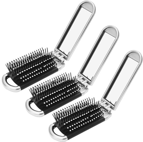 Qjaiune 3 Pack Folding Hair Brush with Mirror, 4.3 Pocket Size Silver