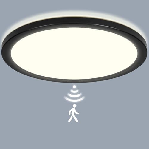 LEZOE LED Deckenleuchte mit Bewegungsmelder, 30W 3300LM Radar Sensor LED Deckenlampe Dimmbar mit Fernbedienung, 3000K/4000K/6500K Für Bad Garage, Treppen, Keller, Flur, Balkon, Diele φ39x2.5cm Schwarz