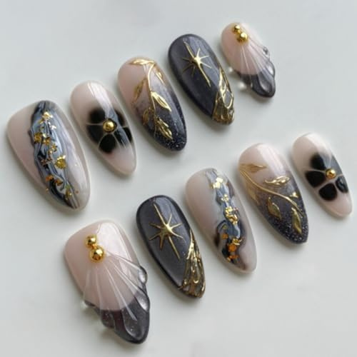Faux Ongles Court MouyouGlow,Amande Noir Paillettes French 3D Or Etoiles Fleurs Florales Design Y2k Press on Nails avec Colle à Ongles,Black Tips Star Bling INS Sweet Fake Nails