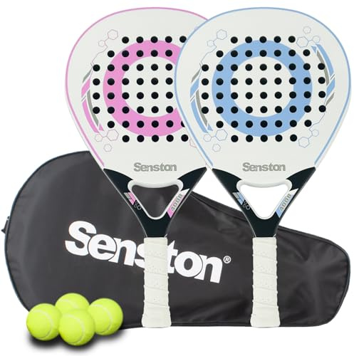 Senston Paddle Tennis Racket Carbon-Fiber Surface with EVA Memory Flex-Foam Core - Padel Racket with Carry Bag and Balls for Pop Tennis Beach Tennis. (Blue+Pink)