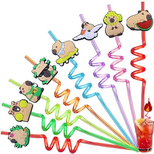 LUKIUP Pajitas Reutilizables Niños, 8 Piezas Capibaras Pajitas, Pajitas Fiesta En Espiral, Pajitas Plástico Reutilizables Para ArtíCulos Fiesta Cumpleaños Infantiles Niños Decoraciones De La Mesa