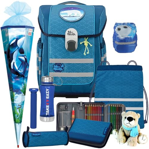 Pridera McNeill PuntoBlu - Eisbär - Polar - Schulranzen-Set McOcean 9tlg. mit passender Schultüte Trinkflasche Regenhülle und Plüsch-Eisbär