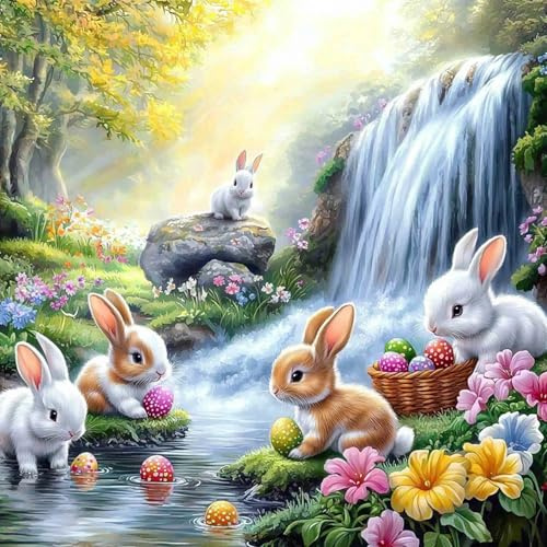 MAXBYE Ostern Diamond Painting Landschaft Kits Erwachsene, Diamond Art Komplett Set DIY Hasen Diamant Bilder Anfänger, Blumen Runde Diamant Bilder Kristall Kreuzstich Für Home Decor Geschenk 30x30cm