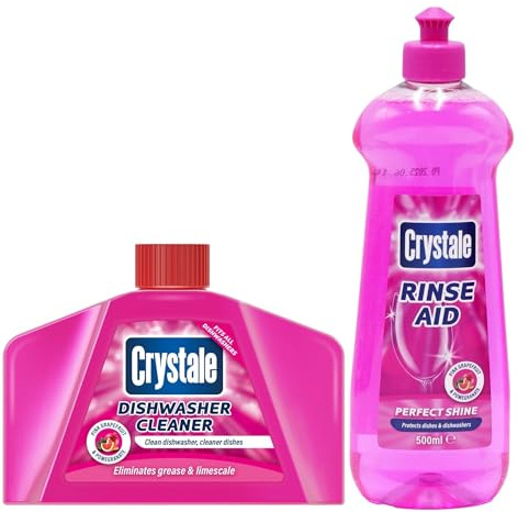 Crystale Dishwasher Cleaner & Rinse Aid Bundle - Pink Grapefruit & Pomegranate | 250ml Dishwasher cleaner and 500ml Rinse Aid | Removes Grease, Limescale & Odours | Streak-Free Shine & Spotless Drying