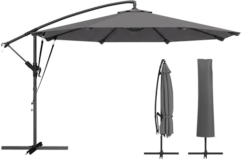 Outsunny Ampelschirm ca. Ø300 cm Neigbar Sonnenschirm mit Kurbel Kreuzfuß Windseilen Schutzhülle, UV-Schutz Wasserabweisend Gartenschirm Marktschirm Kurbelschirm Dunkelgrau