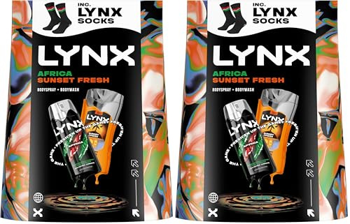 Lynx Gift Set Africa & Sunset Fresh with a body spray, a body wash and Socks perfect gifts for him 2 piece (Pack of 2)