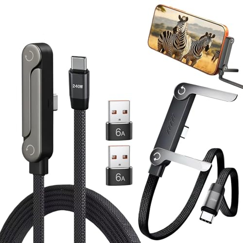 2 Pack Cable USB C Carga Rápida 240W 2 en 1, Cargador Plano para Móvil | Cable Tipo C con Soporte Invisible ajustable y Adaptador USB A, Trenzado 1,5 m, Compatible con iPhone Samsung iPad Tablets