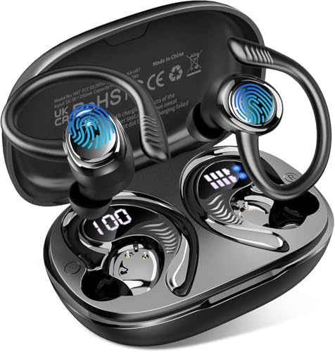 Hupoaf Cuffie Bluetooth Sport, Auricolari Bluetooth 5.4 con 4 ENC Mic, 50 Ore HiFi Stereo Cuffie Wireless, IP7 Impermeabili Cuffie Senza Fili, Display LED USB-C Cuffiette Running per iOS/Android, Nero